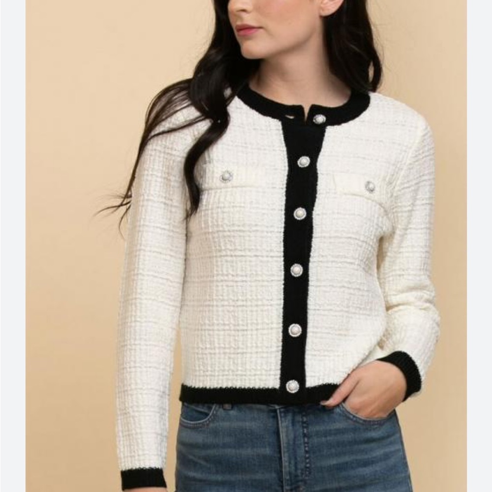 Mango Cream Bouclé Cardigan with Black Trim